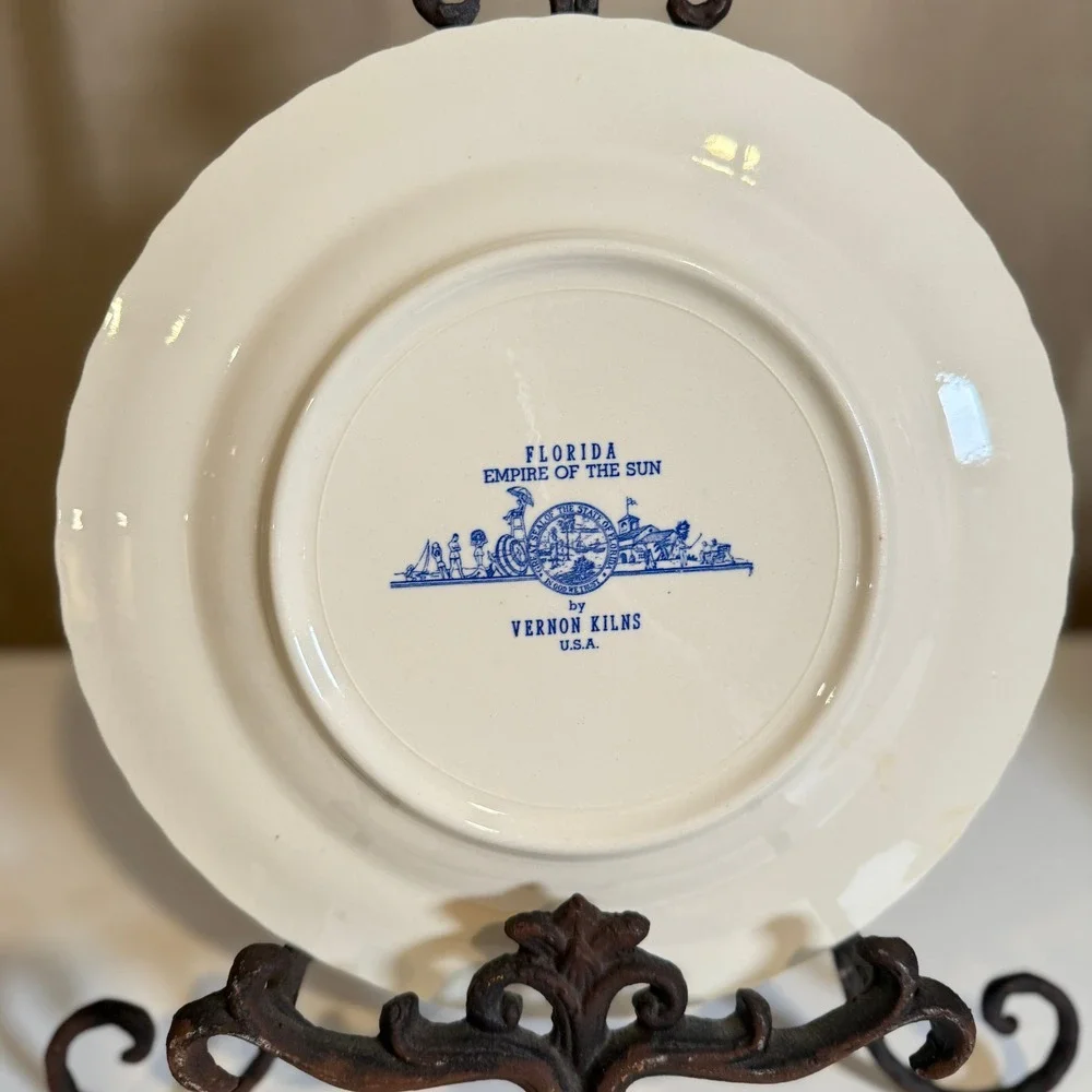 Vernon Kilns Florida Empire of the Sun Blue Transferware Souvenir Plate 10.5in
